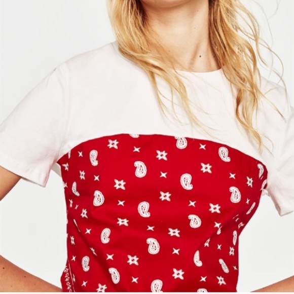 Zara TRF Bandana T-Shirt. Red & White. Size Medium - Picture 3 of 8
